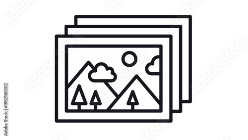 Black vector icon illustration of a stack of photos or a gallery, featuring a minimalist landscape scene with mountains, pine trees, clouds, and a sun, perfect for photography and media apps.