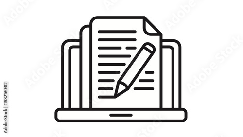 Laptop with document and pencil vector icon illustration, representing digital writing, content creation, blogging, online education, and electronic documentation in a minimalist black style.