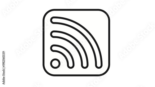 Minimalist black line art vector icon of an RSS feed symbol within a rounded square border, representing digital content syndication, wireless signal, news updates, and internet connectivity.