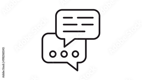 Foto Minimalist black vector icon illustration of two overlapping speech bubbles symbolizing communication, online chat, messaging, and customer support, featuring text lines and typing dots
