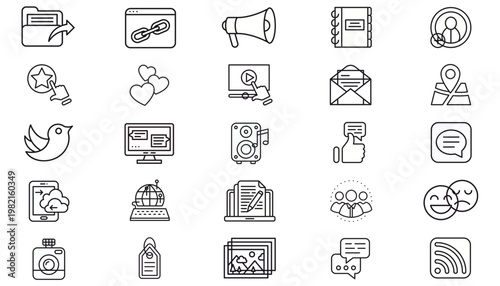 25 Minimalist Black Vector Icon Set Collection for Web and UI Design featuring Communication, Business, Social Media, Technology, Navigation, Multimedia, Marketing, and Office Symbol Bundle.