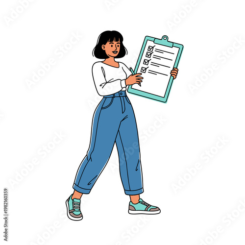 A woman holding a clipboard with a checklist
