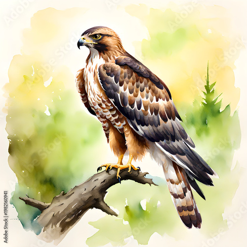 Hawk Perched on Tree Branch Watercolor Illustration Isolated on White