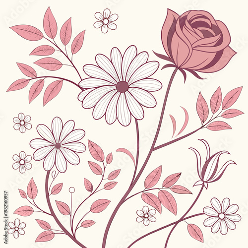 A pink rose and daisies on stems with leaves