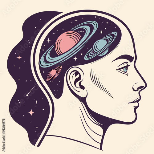 A woman with planets and stars in her head