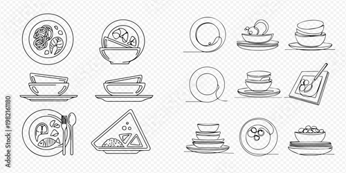 Bild auf Leinwand Set of various line art illustrations depicting different types of dishes, bowls, and plates, some with food, in a continuous line style