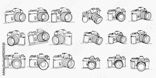 Collection of hand-drawn sketch style digital and film cameras for photography enthusiasts.