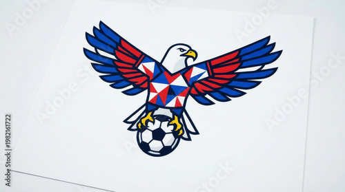North American eagle mascot clutching soccer ball with flags and cactus symbols on white background
