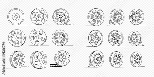 Continuous line art drawing of vintage film reels, movie production, cinema, and entertainment concept.