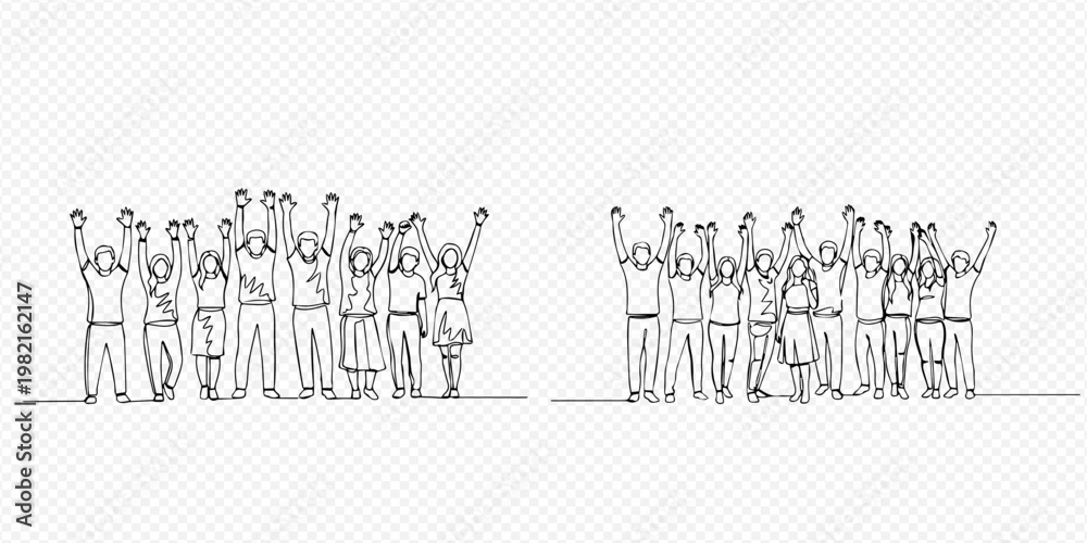 Naklejka premium Continuous line drawing of diverse people group raising hands in celebration or protest.