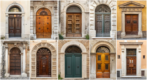 Multitude architectural panels showcasing ancient wooden doors featuring classical stone arches intricate metal lattices decorative carvings weathered surfaces