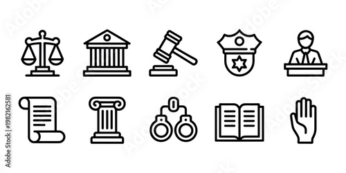 Black and white line of law and justice symbols line black and white scales courthouse in white background