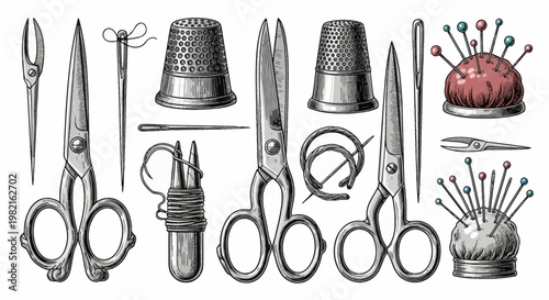 Vintage sewing tool collection featuring ornate metal scissors, fabric shears, thimbles, needles with thread, and pin cushions with colored pins, isolated vector engraving style