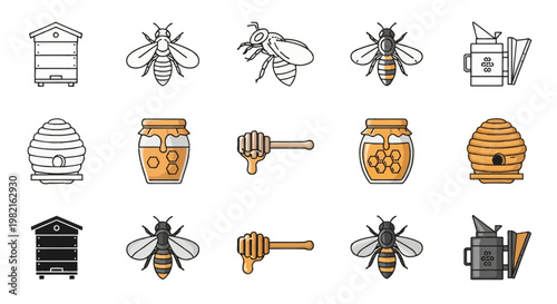 Set of beekeeping and honey icons featuring wooden beehives, traditional skeps, honey bees, jars of honey, honey dippers, and smokers in line art, flat color, and silhouette styles.