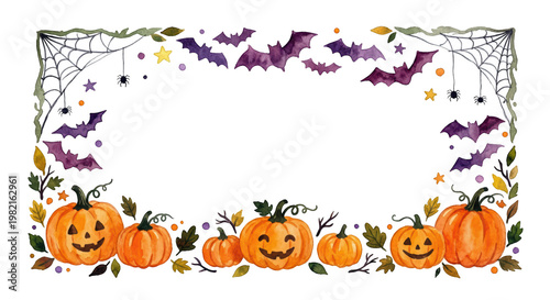 Festive Autumn Frame with Pumpkins, Bats, and Colorful Leaves for Seasonal Celebrations, isolated on transparent background