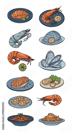 Set of hand-drawn seafood illustrations including grilled salmon fillets, fresh whole shrimp, raw prawns, mussels on plates, cooked seafood dishes, and lime slices on white.