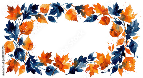 Vibrant Autumn Leaves in Frame with Rich Colors and Watercolor Style Design, isolated on transparent background