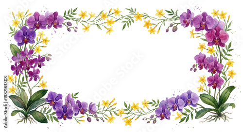 Vibrant Floral Frame with Purple and Yellow Orchids for Decorative Use, isolated on transparent background