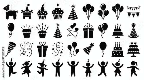 Set of 36 Black Birthday Party Celebration Icons Vector