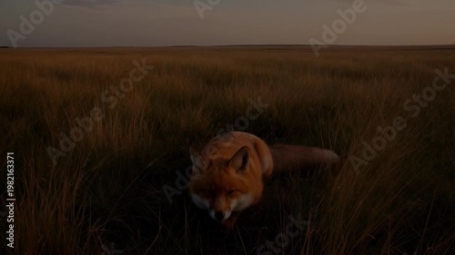 Fox running through tall grass during golden hour sunlight outdoors