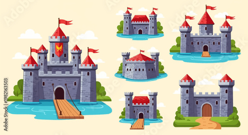 A collection of stylized medieval castle vector illustrations featuring grey stone fortresses with red peaked roofs, flags, towers, drawbridges over water, and green foliage.