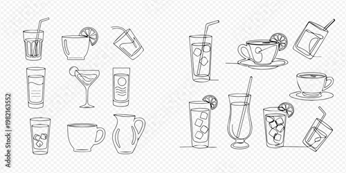 Set of various hand-drawn drink glasses and cups, including cocktails, coffee, and water, with ice and straws.
