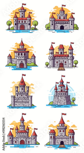 Collection of eight medieval castle icons featuring stone towers, red turrets, flags, and battlements with sunset backgrounds and water moats in a flat vector line art style.
