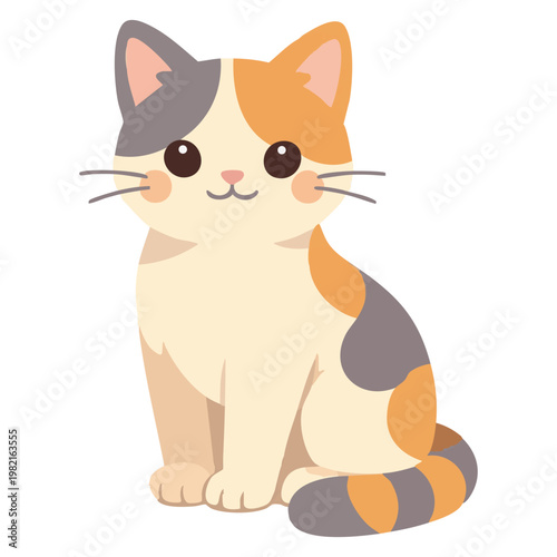 Cute Calico Cat Illustration, Adorable vector cartoon sitting kitty drawing for kids and pet Decor