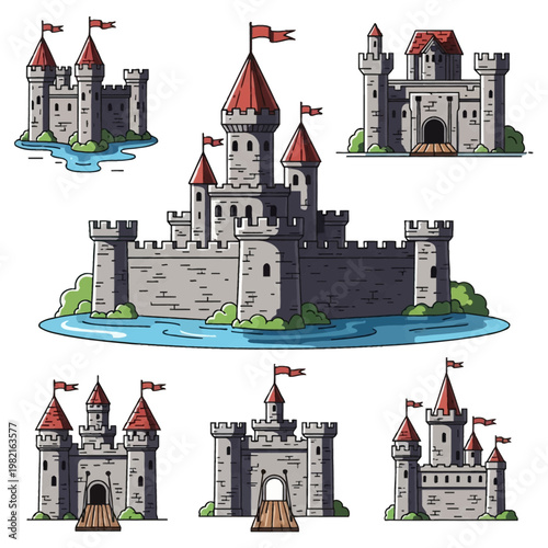 Collection of medieval castle vector illustrations featuring stone towers, red conical roofs, battlements, drawbridges, moats, and waving flags on a white background.