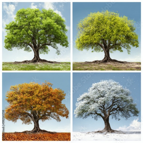 Tree in four seasons collage, nature cycle concept for spring summer autumn winter change and environmental timeline visualization