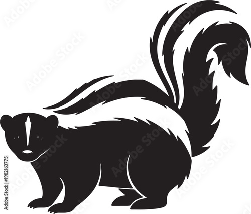 A detailed illustration of a skunk with its characteristic black and white stripes, showcasing its bushy tail and alert expression, isolated on a white background