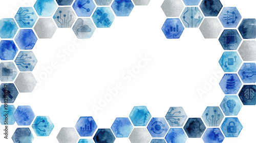 Abstract Blue Hexagonal Background with Technology Icons and Watercolor Effect, isolated on transparent background