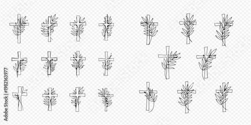 Palm Sunday crosses with olive branches, a collection of religious symbols for Christian holidays and events.