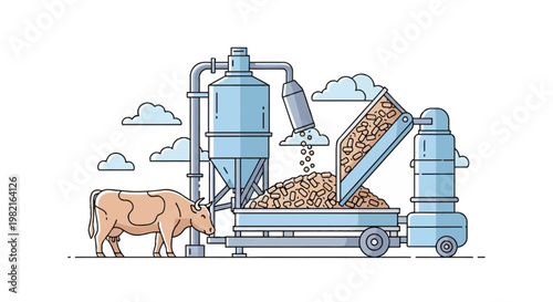 Vector illustration of a specialized cattle feed production system featuring a metal storage silo and mechanical chute discharging granular pellets into a mobile trailer near a cow.