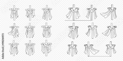 Set of various draped cloth elements over crosses, line art illustration.
