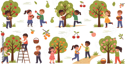 Fruit Picking Kids Illustration Set with Children Harvesting Apples, Pears, Cherries, and Peaches from Trees for Seasonal, Educational, and Family-Friendly Designs