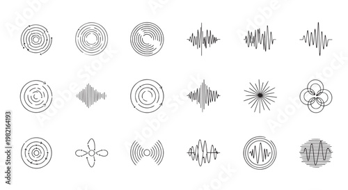 Abstract Sound Waves and Circular Frequency Signal Icon Set
