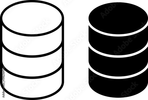 Modern flat design vector graphic depicting two variations of a cylindrical database icon representing digital data storage and server infrastructure.