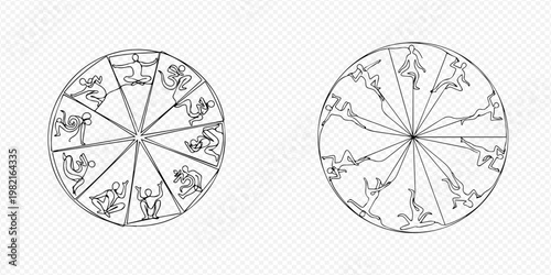 Two abstract circular designs with segmented patterns and stylized figures, one resembling zodiac signs and the other dynamic human forms.