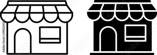 Minimalist vector graphic set showing two simple storefront icons featuring a shop building with an awning window and door for web or mobile application interface usage