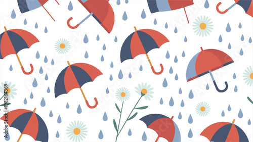 A seamless pattern design featuring red umbrellas and flowers on a rainy day with blue raindrops