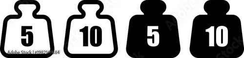 Black and white vector graphic illustration featuring four distinct gym weight icons labeled five and ten for fitness training and heavy lifting workout strength exercises
