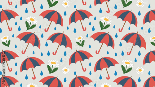 A seamless pattern design featuring colorful umbrellas and flowers on a rainy day background with raindrops