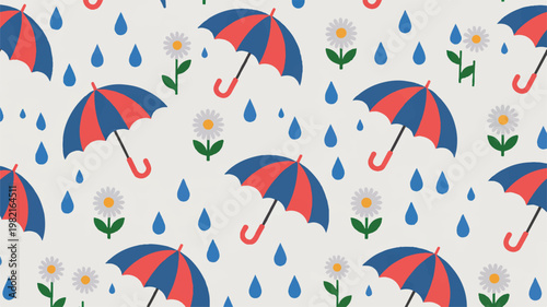 A seamless pattern design featuring colorful umbrellas and flowers on a rainy day with raindrops