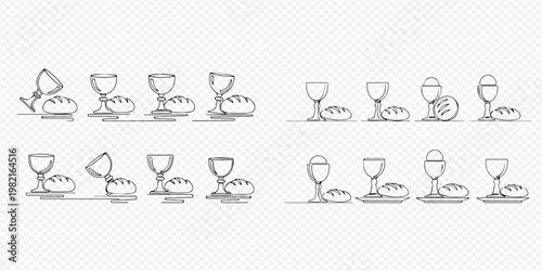 Set of holy communion icons with chalice and bread, symbolizing Christian faith and sacrament.