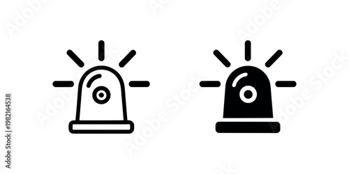 Black and white police siren with light rays siren warning light emergency light symbol in white background