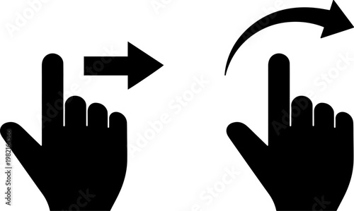 Vector illustration of common touch screen gestures featuring a hand swiping right and another hand indicating a scroll or refresh action for user interface design.