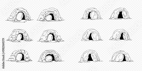 Set of stone caves with rolling stones, hand-drawn vector illustrations for Easter and religious themes.