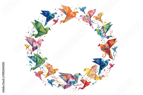 Colorful Origami Birds in Circular Arrangement as a Decorative Element, isolated on transparent background