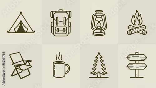 A minimalist camping scene with a tent, lantern, and outdoorsy gear in a serene natural setting with a campfire